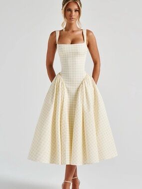 Gingham Square-Neck Yellow Midi Dress/Never Worn NWT- Babyboo Fashion